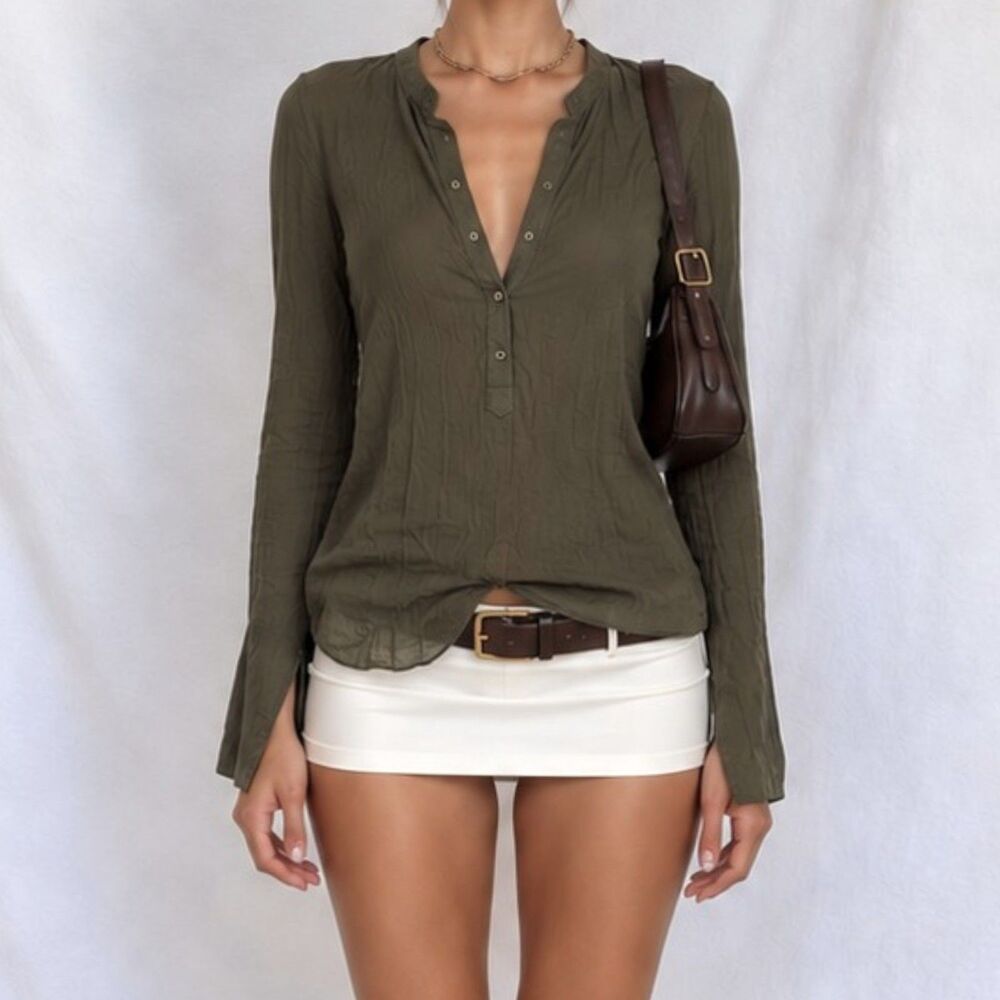 Vintage Zara Camo Green Long Sleeve Henley Button Front Blouse Top Size XS/S